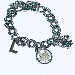 Vintage Monet Silver Tone Charm Bracelet with ‘Canada’ Maple Leaf and ‘L’ Charms